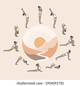 Hand drawn illustration of a young woman doing sun salutation, with a drawing of the sun and mountains