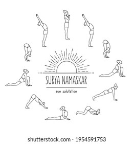 Hand drawn illustration of a young woman doing sun salutation (surya namaskar) 