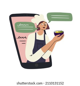 Hand drawn illustration of young woman thru out cellphone, talking, hold fresh food in hand, wear apron, chef's hat in concept of teaching online cooking class in culinary school. Food preparing hobby
