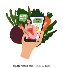 Hand drawn illustration of young woman thru out cellphone, hold farm fresh food in hand. Delivery app concept, mobile phone to order groceries online on background with leafy greens and vegetables