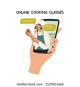 Hand drawn illustration of young woman thru out cellphone, talking, hold fresh food in hand, wear apron, chef's hat in concept of teaching online cooking class in culinary school. Food preparing hobby