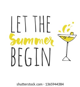 Hand drawn illustration for your design. Bottles and glasses illustration. Summer hand lettering 