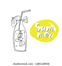 Hand drawn illustration for your design. Bottles and glasses illustration. Summer hand lettering 