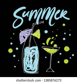 Hand drawn illustration for your design. Bottles and glasses illustration. Summer hand lettering 