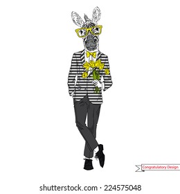 Hand drawn illustration of zebra gentleman with flowers, greeting card design