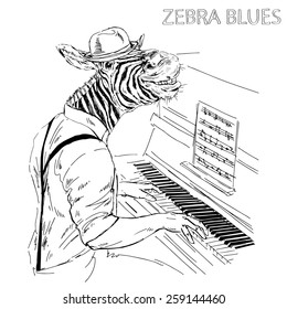 hand drawn illustration of zebra pianist, music poster