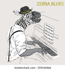 hand drawn illustration of zebra pianist, music poster