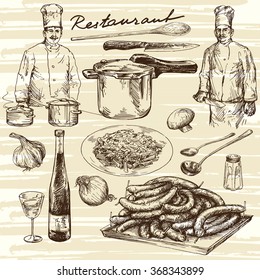 Hand drawn illustration.Food preparation. Chef portrait. 