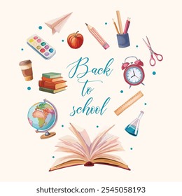 Hand drawn illustrations for back to school event with school supplies, books, and stationery items.