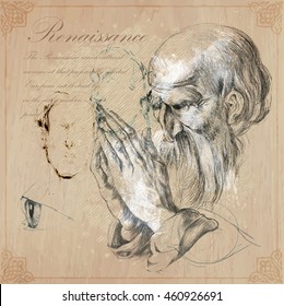 Hand drawn illustrations.Old bearded man.Praying hands.Pencil technique converted into vector. Hand drawn illustrations. Freehand. Pencil sketches. Hands by Albrecht Durer personal, author own copy.