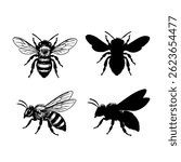 Hand drawn illustrations of a bee, detailed vector clip art isolated on white background.