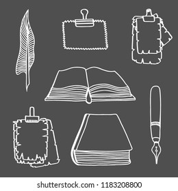 Hand Drawn Illustrations of Big Set Books and pen. Doodle vector illustration isolated on black
