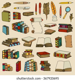 Hand Drawn Illustrations of Big Set Books and pen. Doodle vector illustration isolated on light Colored background.