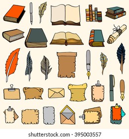 Hand Drawn Illustrations of Big Set Books and pen. Doodle vector illustration isolated on light Colored background.