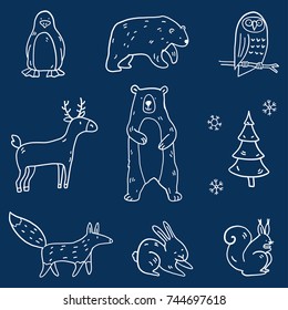 Hand drawn illustrations of cartoon of forest animals. Could be used for poster, printer, book, paper, textile.

