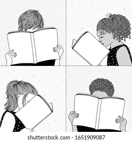 Hand drawn illustrations of children reading, hiding their faces behind their books - empty books to add your own text