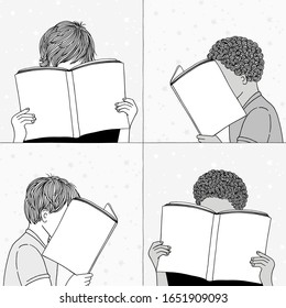 Hand drawn illustrations children reading  hiding their faces behind their books    empty books to add your own text