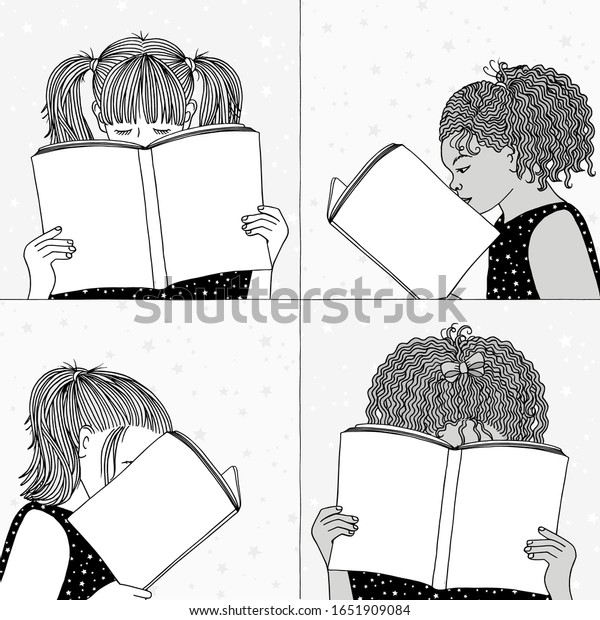 子どもが本を読み 顔を隠す手描きのイラスト 空の本に自分のテキストを追加 のベクター画像素材 ロイヤリティフリー