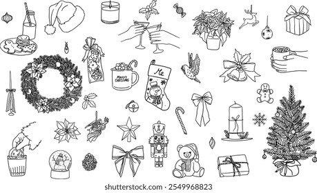 Hand drawn illustrations of Christmas icons. Drawings of hot cocoa or chocolate, gifts, toys and decorations for Christmas, sketch or doodle style