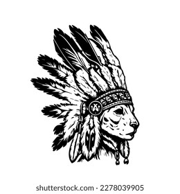 Hand drawn illustrations of a cute rabbit wearing traditional Indian native american