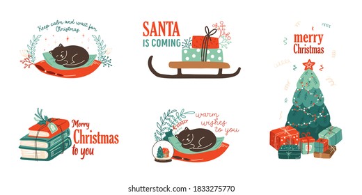 Hand drawn illustrations with decorative Christmas and Happy new year festive elements and christmas quotes. New Year and Christmas cards set with lettering. christmas labels collection