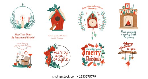 Hand drawn illustrations with decorative Christmas and Happy new year festive elements and christmas quotes. New Year and Christmas cards set with lettering. christmas labels collection