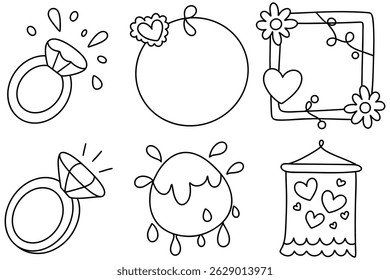 A hand drawn illustrations of decorative elements including rings, circular frame, heart shaped frame, splash of water