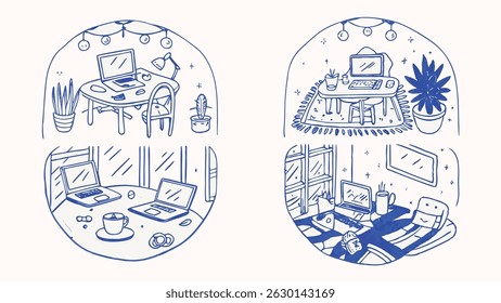 Ilustrações desenhadas à mão representando cenas de trabalho remoto para freelancers ideais para blogs ou apresentações de sites