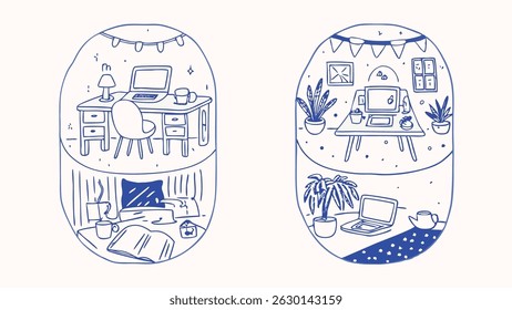 Hand drawn illustrations depicting various remote work scenes ideal for freelance professionals showcasing diverse work styles and settings