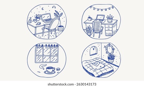 Ilustrações desenhadas à mão retratando várias cenas de trabalho remoto ideais para profissionais freelance e empresas que mostram o trabalho a partir de estilos de vida domésticos