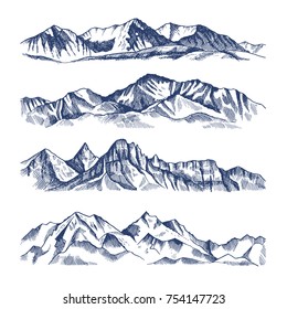 Hand drawn illustrations of different mountains landscape. Mountain travel, rock peak and highlands range vector