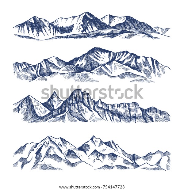 さまざまな山の風景を手描きのイラスト 山岳旅行 岩山 高地の範囲のベクター画像 のベクター画像素材 ロイヤリティフリー