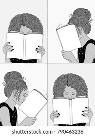 Hand drawn illustrations of girls reading, hiding their faces behind their books - empty books to add your own text
