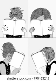Hand drawn illustrations girls reading  hiding their faces behind their books    empty books to add your own text