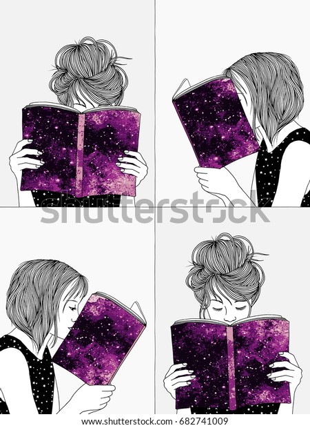 女の子の読書の手描きのイラスト 本の裏に顔を隠す のベクター画像素材 ロイヤリティフリー