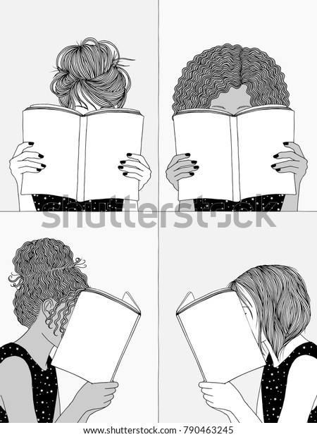 読む女の子の手描きのイラスト 本の後ろに顔を隠す 空の本に自分の本を追加 のベクター画像素材 ロイヤリティフリー