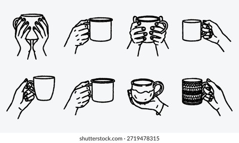 hand drawn illustrations of hands holding coffee mugs in different positions