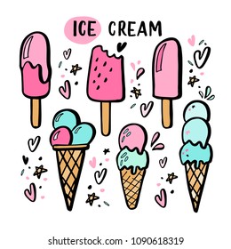 Hand drawn illustrations of ice cream. Vector icon set