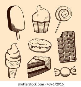 Hand drawn illustrations of ice cream, cake, candy, donut, chocolate bar, cupcake, piece of pie and lollipop