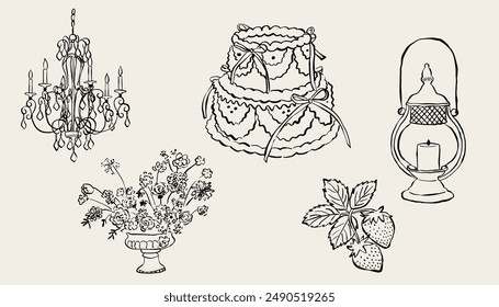 Hand drawn illustrations. Icons in vector for invitations, stationery, design. Love clipart. Illustration of candlestick, flowers, strawberry, cake, candle holder.