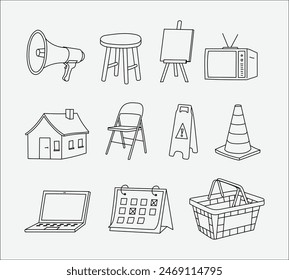 Hand drawn illustrations including tv, megaphone, chair, traffic con, wet floor warning and calendar