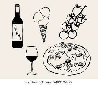 Ilustraciones de Italia dibujadas a mano. Iconos en Vector para invitaciones, papelería, diseño. Clipart de Pizza, Vino y Helado