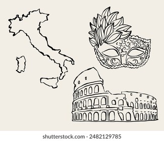 Ilustraciones de Italia dibujadas a mano. Iconos en Vector para invitaciones, papelería, diseño. Italia mapa Clipart, Coliseo Romano, máscara