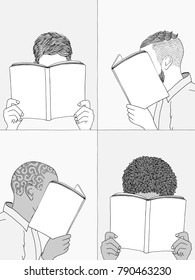 Hand drawn illustrations men reading  hiding their faces behind their books    empty books to add your own text
