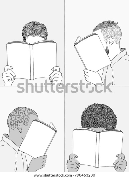 男性が本を読み 顔を隠す手描きのイラスト 空の本に自分の文章を加える のベクター画像素材 ロイヤリティフリー