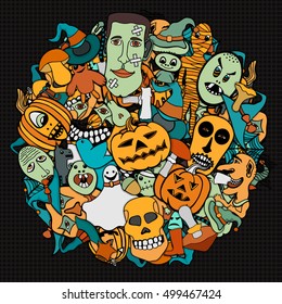 Hand Drawn illustrations objects to the day of Halloween, background in the form of a circle. Each object and symbol are separated. Can print on holiday greeting cards and T-shirts.
