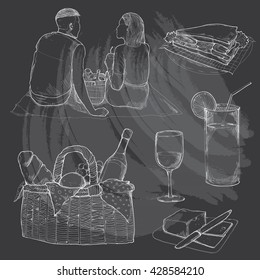 hand drawn illustrations of picnic. picnic basket. vector illustration.