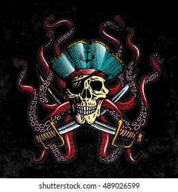 Hand drawn illustrations. Pirate skull with tentacles of octopus. Vector.