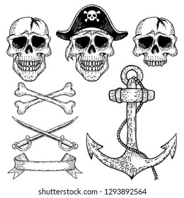 Hand drawn illustrations of pirate skulls, bones, swords and anchor. Isolated on white background.