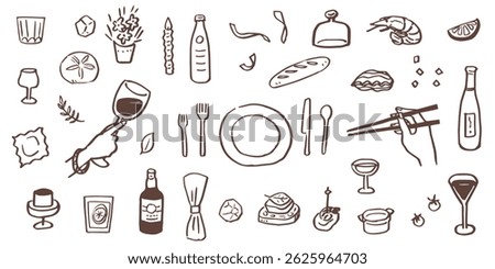 Hand drawn illustrations of restaurant meals and parties. Food for holidays and anniversaries. Food and drinks for dinners and lunches.
